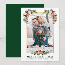 Cartão De Festividades Aquarela Winter Floral Dourado Frame Photo Green