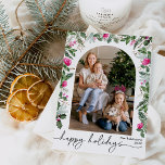 Cartão De Festividades Arca Botânica 1, Cor-de-rosa Brilhante Moderno, Fo<br><div class="desc">Esta coleção apresenta cor d'água,  florais cor-de-rosa claro,  bagas e verde de inverno com tipografia moderna e elegante,  com padrão botânico invernal de volta.</div>