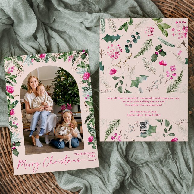 Cartão De Festividades Arca de Folhagem Rosa Moderna Feliz Natal Feliz 1  (Criador carregado)