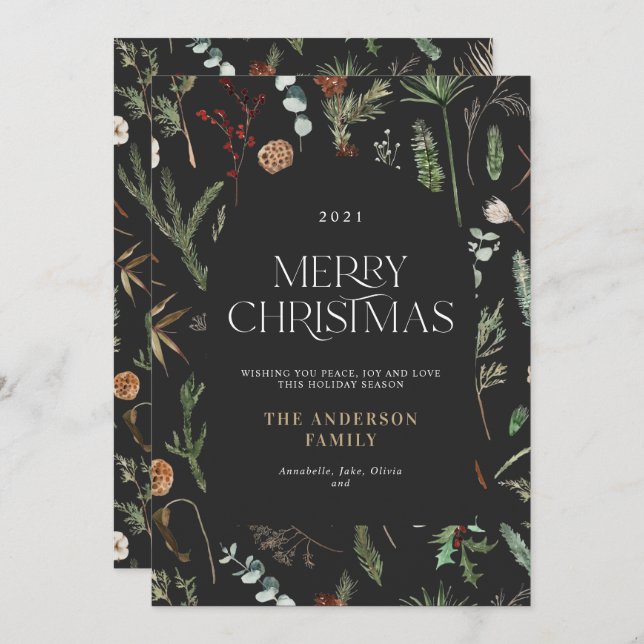 Cartão De Festividades Arca de Natal elegante com aquarela floral botânic (Frente/Verso)