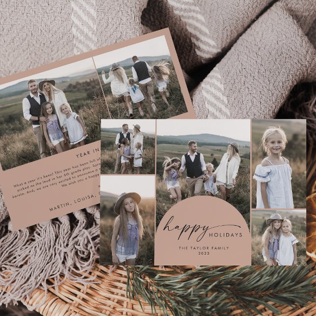 Cartão De Festividades Arca Modern Boho | Salmão Multi Photo Family News (Criador carregado)