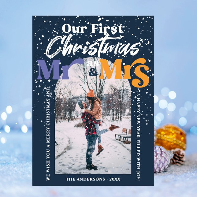 Cartão De Festividades Arch Blue Primeiro Natal Sr. e Sra. Casal Foto (Criador carregado)