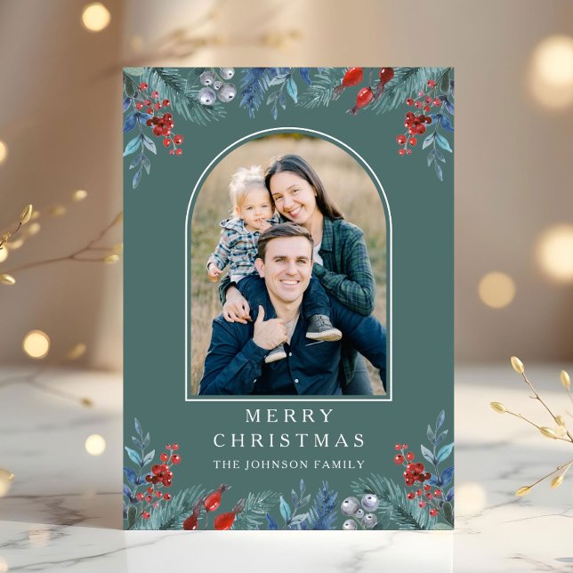 Cartão De Festividades Arch de Fotografias Natal 1 - Botânica (Christmas 1 Photo Arch Watercolor Botanical Holiday Card)