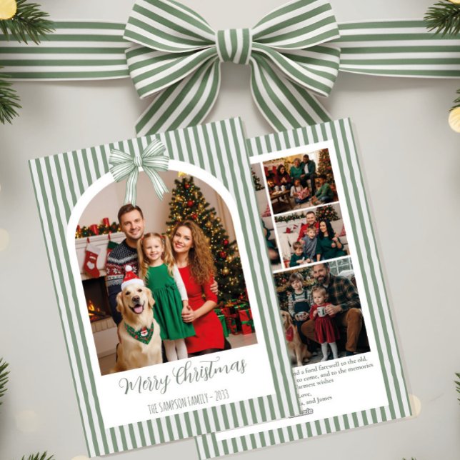 Cartão De Festividades Arch Photo Christmas Card with Green Stripes & Bow (Criador carregado)