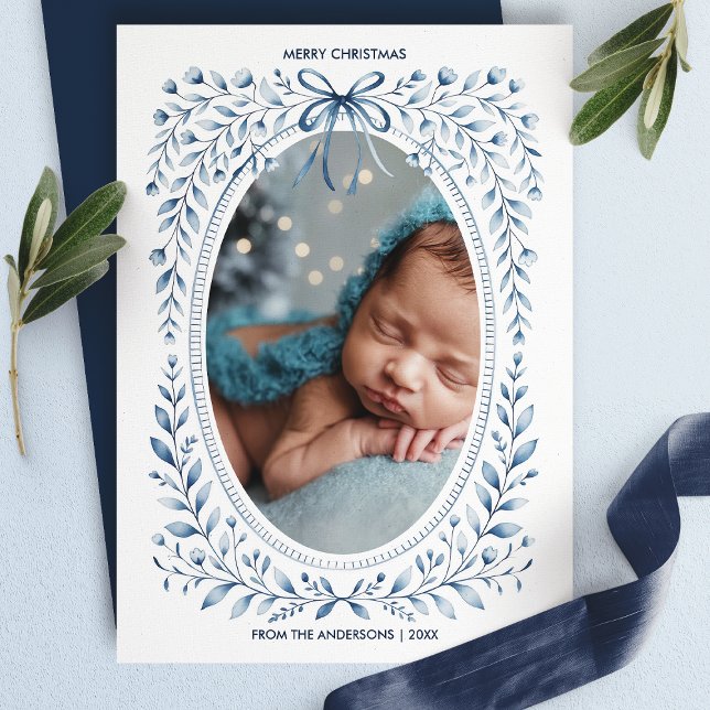 Cartão De Festividades Arco Azul Aquarela Foto Oval Floral Natal (Criador carregado)