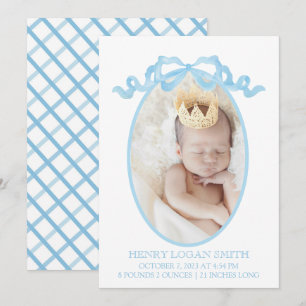 Cartão De Festividades Arco de Fita Azul Aquarela Gingham Baby Boy