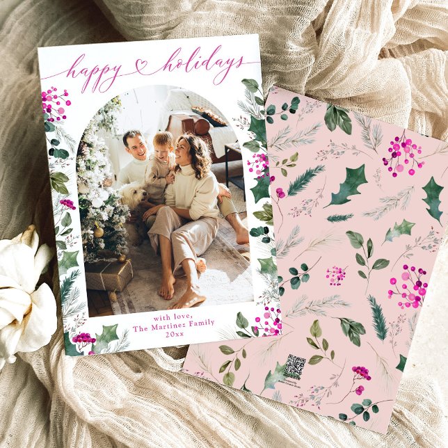 Cartão De Festividades Arco de Foto de Família Simple & Rosa 1 Natal  (Criador carregado)