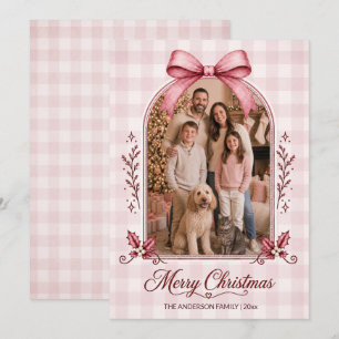 Cartão De Festividades Arco de Gingham com Fita Burgundy Foto Natal
