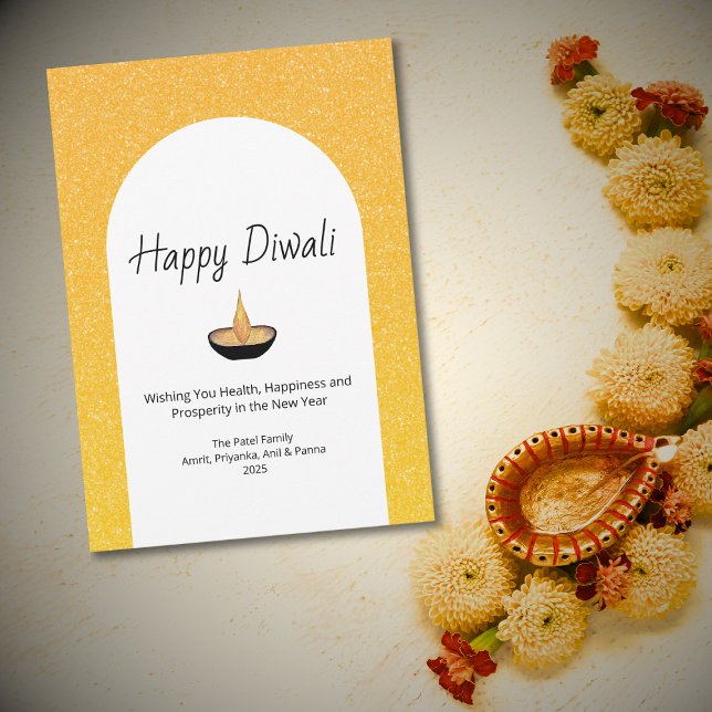 Cartão De Festividades Arco de Glitter Dourado Lâmpada Diya Feliz Diwali  (Criador carregado)