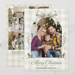Cartão De Festividades Arco de Laço Verde Sage Multi Foto Feliz Natal