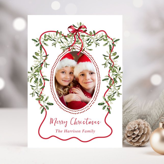 Cartão De Festividades Arco de Moldura Vermelha Natal Foto verde (Share the love and warmth of the holiday season with this personalized photo Christmas card)