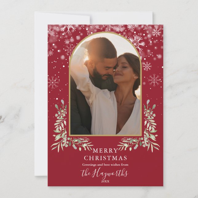 Cartão De Festividades Arco de Natal em Dourado com Verde Flora Foto (Frente)