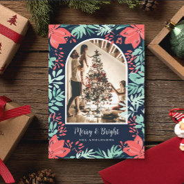 Cartão De Festividades Arco de Natal Foto Botânica Floral Vermelha Azul
