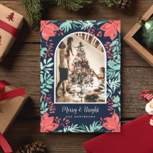 Cartão De Festividades Arco de Natal Foto Botânica Floral Vermelha Azul