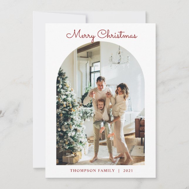 Cartão De Festividades Arco de Natal Merry Vermelho Moderno 5 Fotografias (Frente)