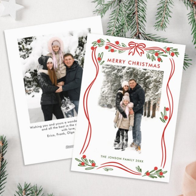 Cartão De Festividades Arco de Natal Vermelho Whimsical Boho Fita 2 Foto (Criador carregado)