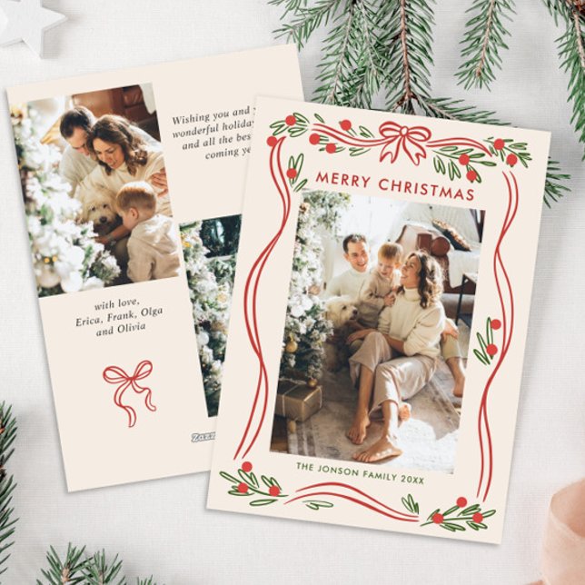 Cartão De Festividades Arco de Natal Vermelho Whimsical Boho Fita 3 Foto (Criador carregado)