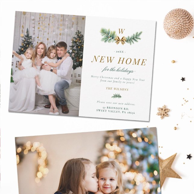 Cartão De Festividades Arco de Ouro Verde Família Monograma em Movimento  (green gold elegant holidays christmas moving announcement card two photos modern calligraphy classy)