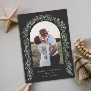 Cartão De Festividades Arco de Verdura Moderno Script Foto Natal