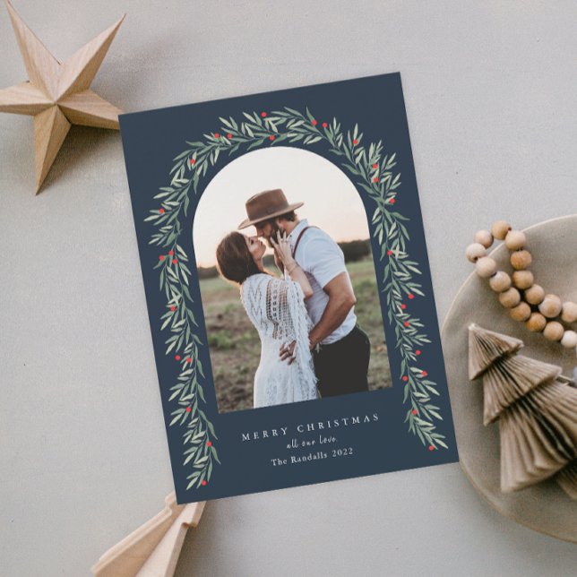 Cartão De Festividades Arco de Verdura Moderno Script Foto Natal (Criador carregado)