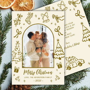 Cartão De Festividades Arco Desenhado à Mão Foto Dourado Bege Feliz Natal