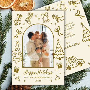 Cartão De Festividades Arco Desenhado à Mão Foto Dourado Bege Natal Feliz