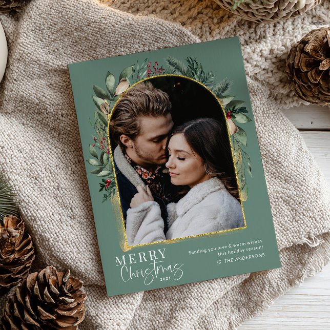 Cartão De Festividades Arco Dourado Moderno - Verde Feliz Foto de Natal (Criador carregado)