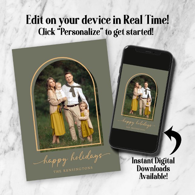 Cartão De Festividades Arco Elegante Verde Dourado Foto de Férias (Elegant Arch Green Gold Holiday Photo Card. Personalize in real time! Instant downloads available!)