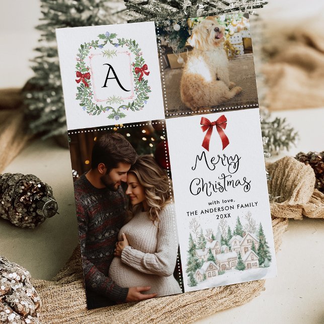 Cartão De Festividades Arco Greenerescer Monograma Foto de Natal Feliz (Criador carregado)