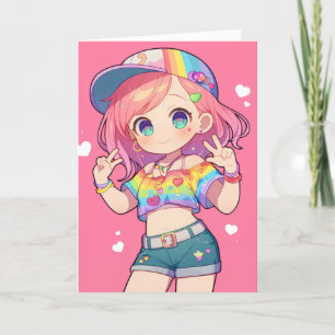 Cartão De Festividades Arco-Íris de Menina de Chibi legal