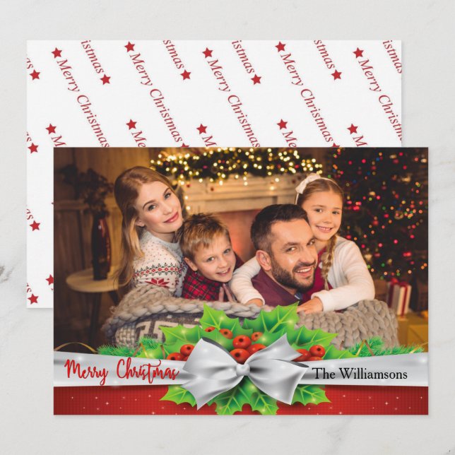 Cartão De Festividades Arco Pine com Holly Photo Christmas (Frente/Verso)