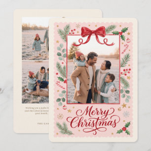 Cartão De Festividades Arco Rosa de Natal Foto da Família Feliz Natal
