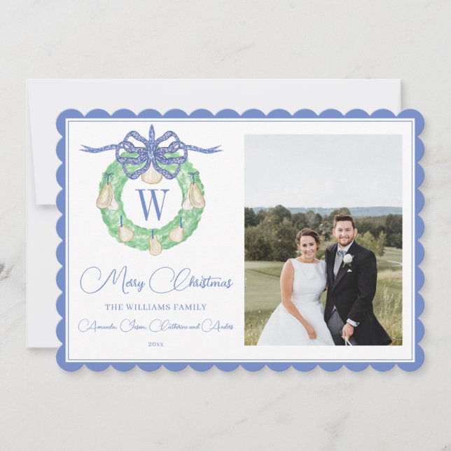 Cartão De Festividades Arco Rosa Monograma Foto de Natal Verde (Frente)