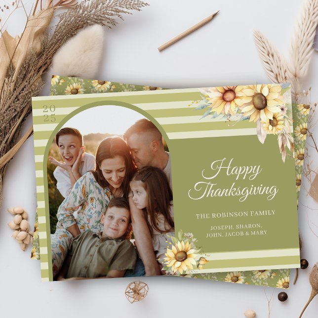 Cartão De Festividades Arco Verde Moderno Girassóis Feliz Ação de Graças (elegant modern chic green arch theme sunflower happy thanksgiving cards with photo and message)
