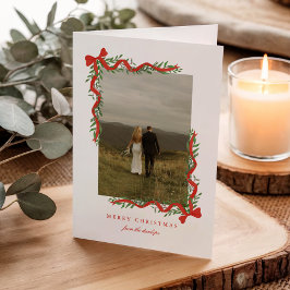 Cartão De Festividades Arco Vermelho Elegante com Foto de Natal com Verdu