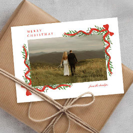 Cartão De Festividades Arco Vermelho Elegante com Foto de Natal com Verdu