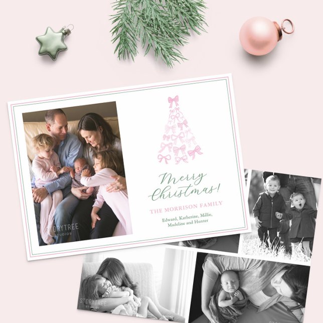 Cartão De Festividades Arcos Brancos e Verdes Felizes Foto de Natal (Modern Preppy whimsical pink and green bows Christmas Tree Photo collage Holidays Card)