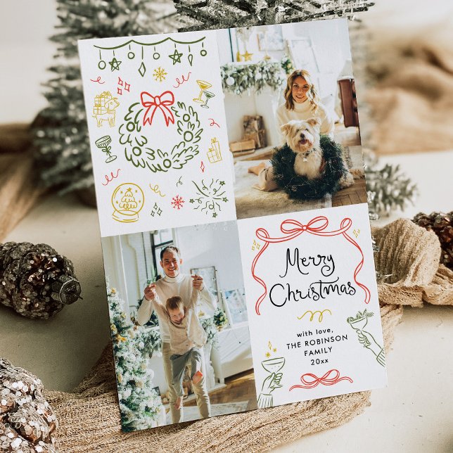 Cartão De Festividades Arcos Desenhados À Mão Branca Feliz Natal 2 Foto (Criador carregado)