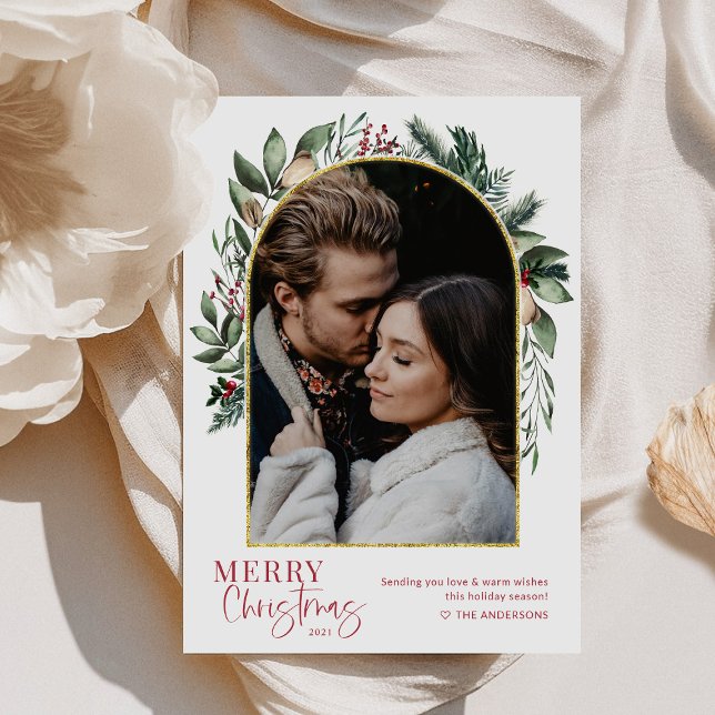 Cartão De Festividades Arranjo de Natal Moderno com Arco Dourado em Verde (Criador carregado)