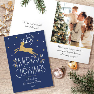 Cartão De Festividades Art Deco Christmas Reindeep Photo Deep Blue Dourad