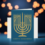 Cartão De Festividades Art Deco Hanukkiah Menorah Happy Hanukkah<br><div class="desc">Amigos e família desejosos de "Feliz Chanucá" com esta deco de arte inspiraram hanukkiah,  com cores editáveis tanto da menorah quanto do fundo. Dentro de foto opcional.</div>