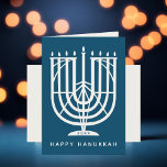 Cartão De Festividades Art Deco Hanukkiah Menorah Happy Hanukkah Holiday<br><div class="desc">Amigos e família desejosos de "Feliz Chanucá" com esta deco de arte inspiraram hanukkiah,  com cores editáveis tanto da menorah quanto do fundo. Dentro de foto opcional.</div>