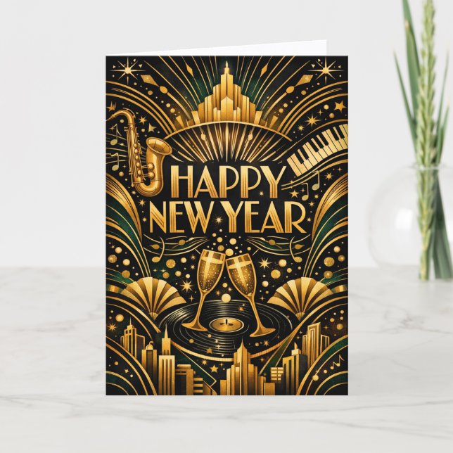 Cartão De Festividades Art Deco Jazz Gold Happy New Year (Frente)