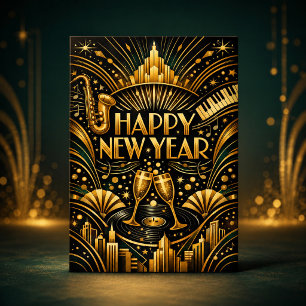 Cartão De Festividades Art Deco Jazz Ouro Feliz Ano Novo