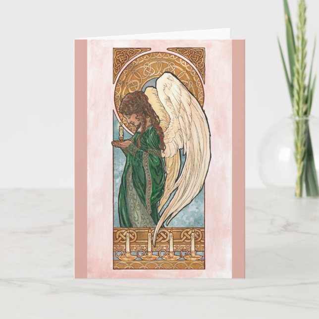 Cartão De Festividades Art Nouveau Anjo de Natal com Velas (Frente)