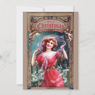Cartão De Festividades Art Nouveau Garota de Natal com Holly & Mistletoe