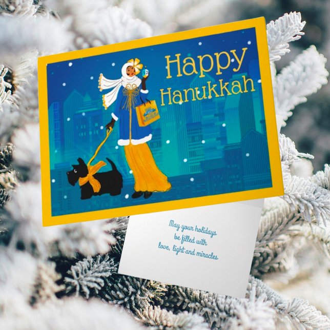 Cartão De Festividades Art Nouveau Lady with Black Scottie Dog (Scottish Terriers are always in season!)