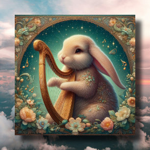 Cartão De Festividades Art Nouveau Músico Bunny Harp Páscoa