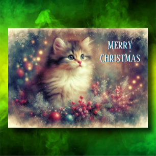 Cartão De Festividades Arte Antiquada de Gato de Natal Movido