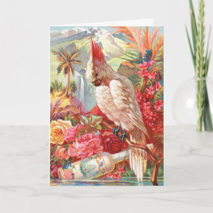 Cartão De Festividades Arte Botânica Vintage de Cacatua Tropical & Rosa